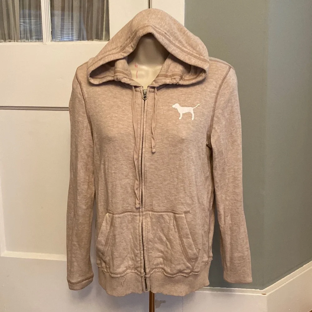 Vintage Victoria’s Secret PINK Small Tan Graphic Detail Full ZIP Thin Hoodie